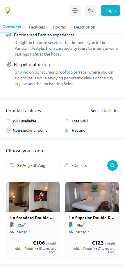 Hotel Booking Interface - Hotel booking interface showing real-time pricing, availability, location selection, and integration with itinerary optimization
